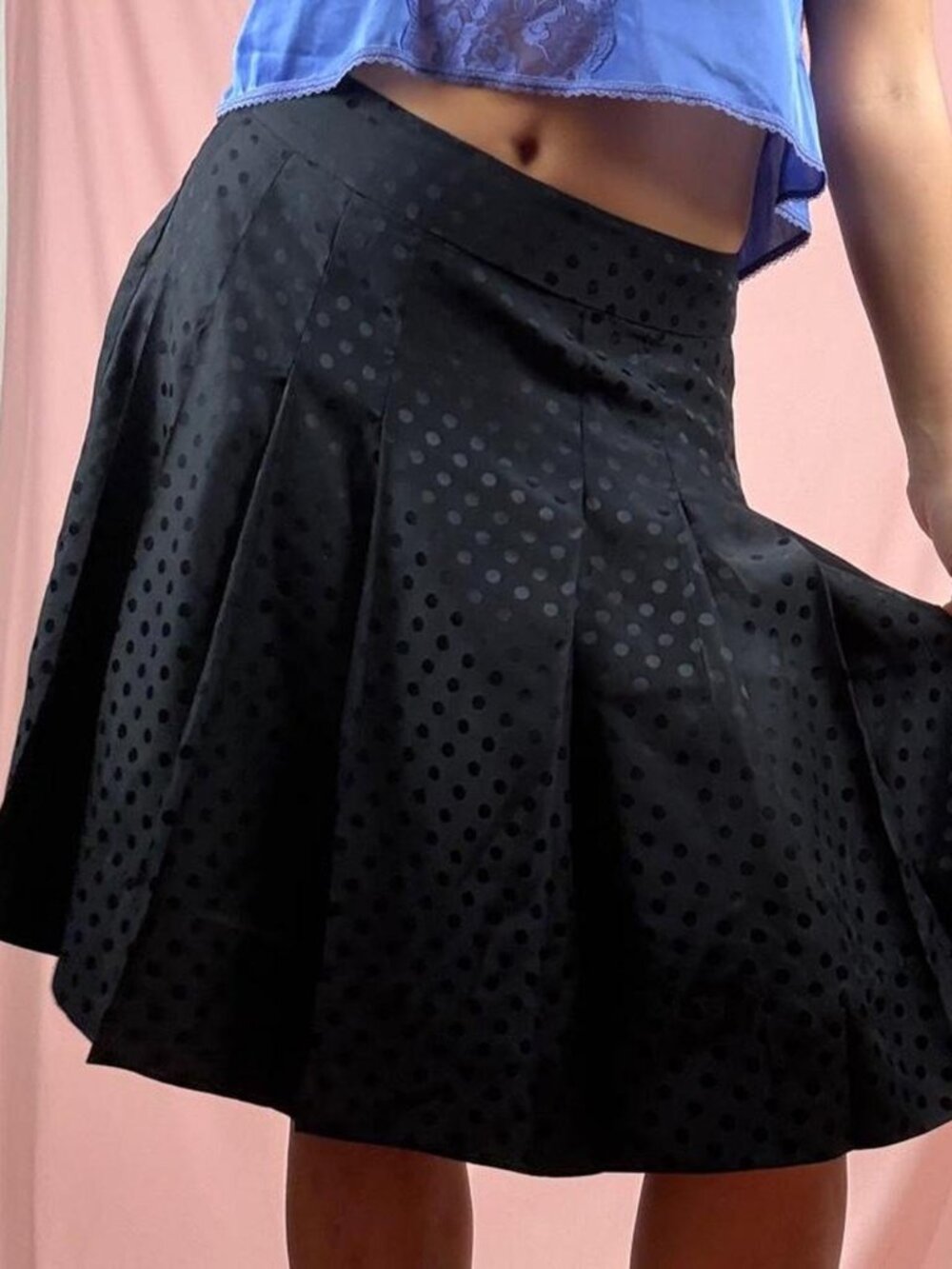 Black Silk Polka Dot Midi Skirt
